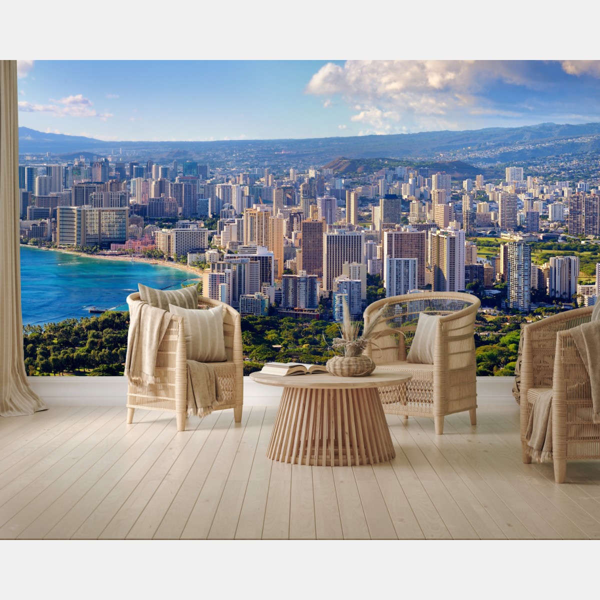Wall mural panoramic tropical city skyline by the sea