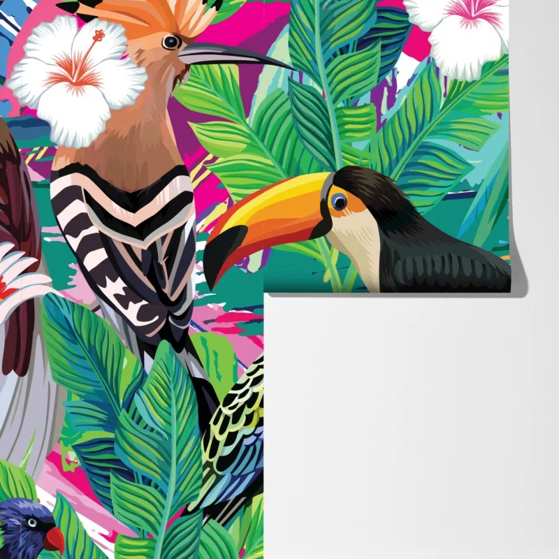 Fototapeta żywe tropikalne ptaki w dżungli – Wallissimo® Fototapeta żywe tropikalne ptaki w dżungli – Wallissimo®