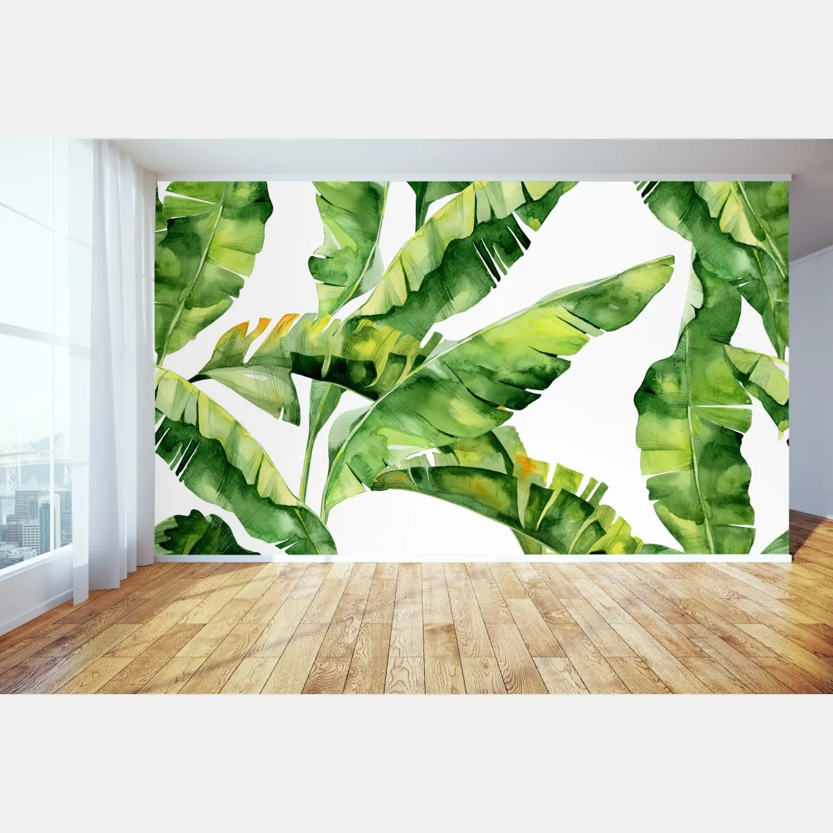 Fototapeta tropikalny wzór z liśćmi bananowca w akwareli – Wallissimo® Fototapeta tropikalny wzór z liśćmi bananowca w akwareli – Wallissimo®