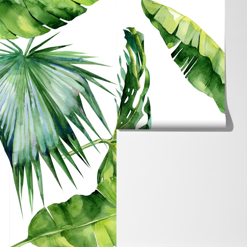 Fototapeta tropikalny akwarelowy wzór liści palmowych – Wallissimo® Fototapeta tropikalny akwarelowy wzór liści palmowych – Wallissimo®