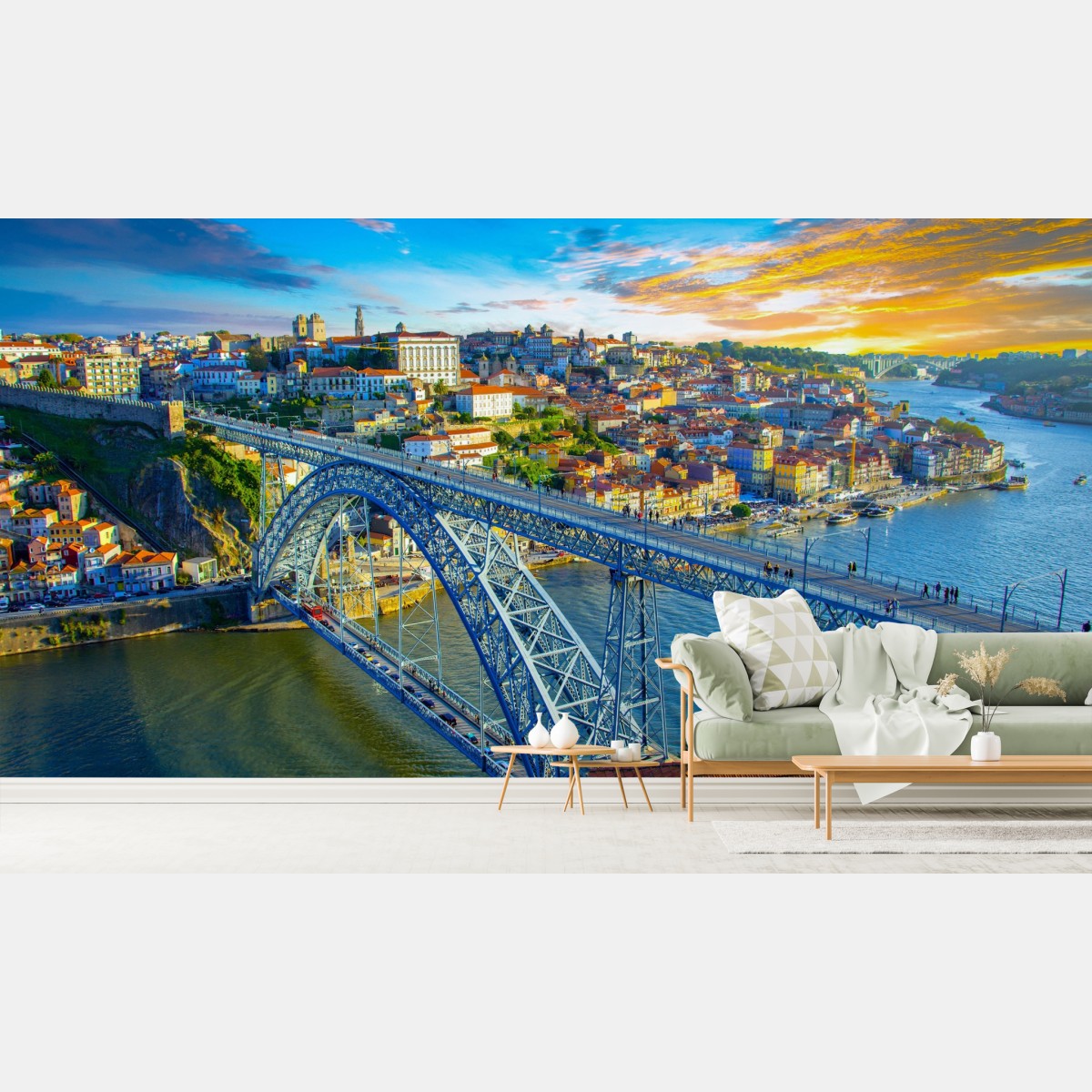 Wall mural sunlit Porto bridge cityscape at sunset