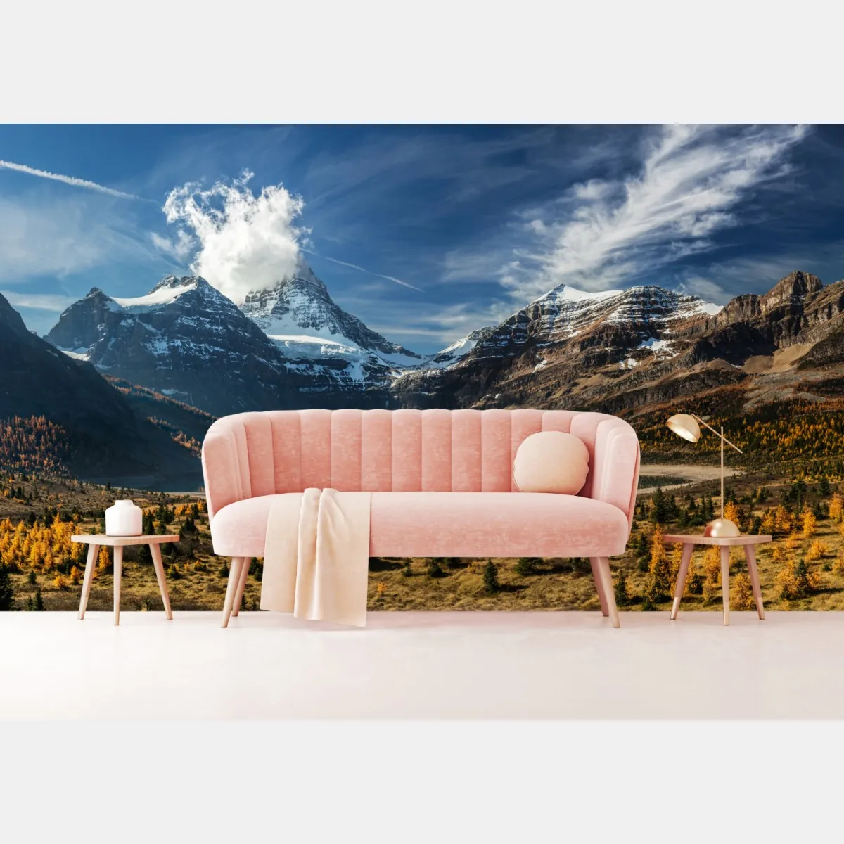 Fototapeta ośnieżone szczyty odbite w jesiennym alpejskim jeziorze – Wallissimo® Fototapeta ośnieżone szczyty odbite w jesiennym alpejskim jeziorze – Wallissimo®