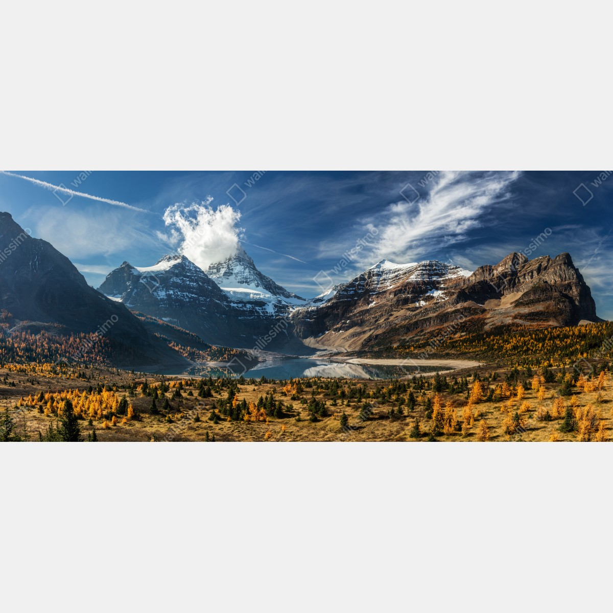 Fototapeta ośnieżone szczyty odbite w jesiennym alpejskim jeziorze – Wallissimo® Fototapeta ośnieżone szczyty odbite w jesiennym alpejskim jeziorze – Wallissimo®