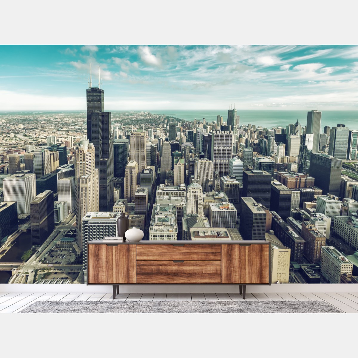 Wall mural Chicago aerial skyline in turquoise vintage tones