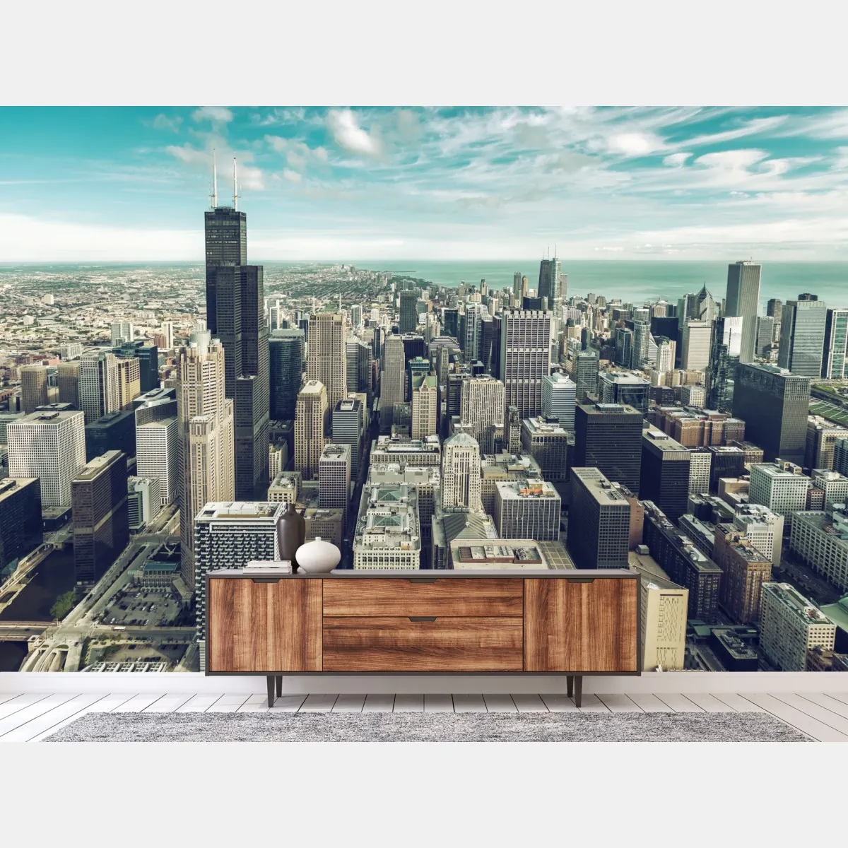Fototapeta Chicago panorama miasta z lotu ptaka w turkusowych tonach – Wallissimo® Fototapeta Chicago panorama miasta z lotu ptaka w turkusowych tonach – Wallissimo®