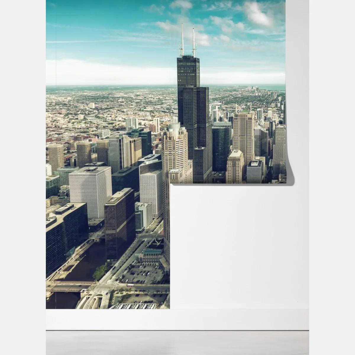Fototapeta Chicago panorama miasta z lotu ptaka w turkusowych tonach – Wallissimo® Fototapeta Chicago panorama miasta z lotu ptaka w turkusowych tonach – Wallissimo®