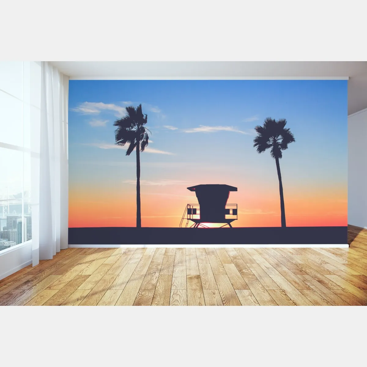 Fototapeta zachód słońca nad plażą z sylwetką wieży ratownika – Wallissimo® Fototapeta zachód słońca nad plażą z sylwetką wieży ratownika – Wallissimo®