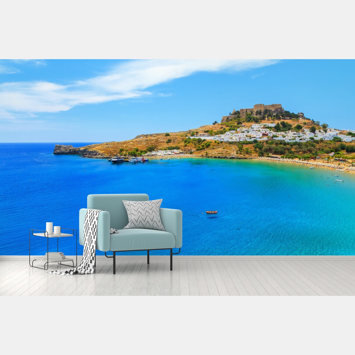 Wall mural sunlit coastal bay with hillside village