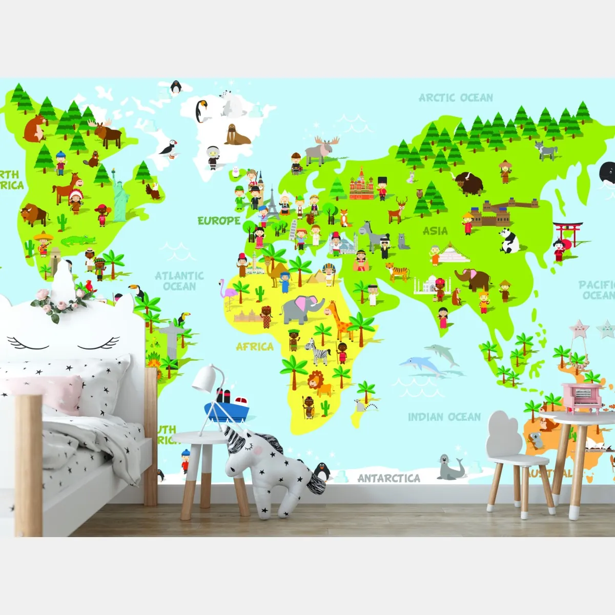 Fototapeta kolorowa mapa świata ze zwierzętami i dziećmi – Wallissimo® Fototapeta kolorowa mapa świata ze zwierzętami i dziećmi – Wallissimo®