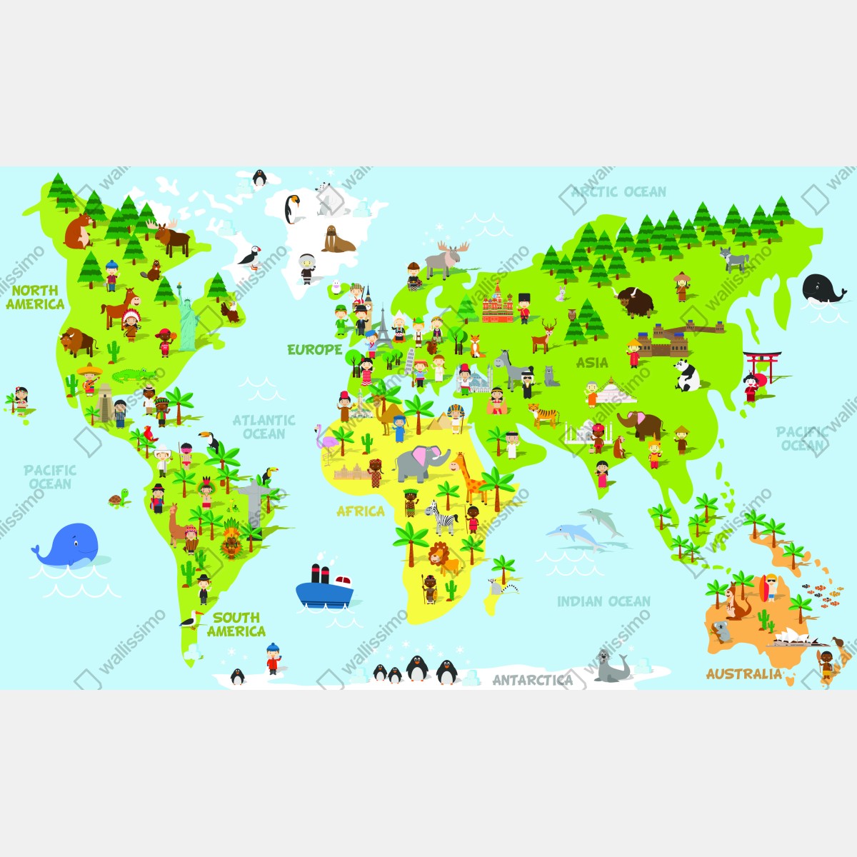 Fototapeta kolorowa mapa świata ze zwierzętami i dziećmi – Wallissimo® Fototapeta kolorowa mapa świata ze zwierzętami i dziećmi – Wallissimo®