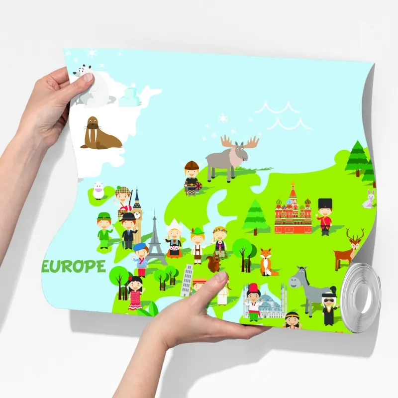 Fototapeta kolorowa mapa świata ze zwierzętami i dziećmi – Wallissimo® Fototapeta kolorowa mapa świata ze zwierzętami i dziećmi – Wallissimo®