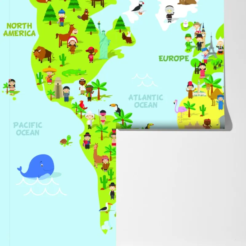 Fototapeta kolorowa mapa świata ze zwierzętami i dziećmi – Wallissimo® Fototapeta kolorowa mapa świata ze zwierzętami i dziećmi – Wallissimo®