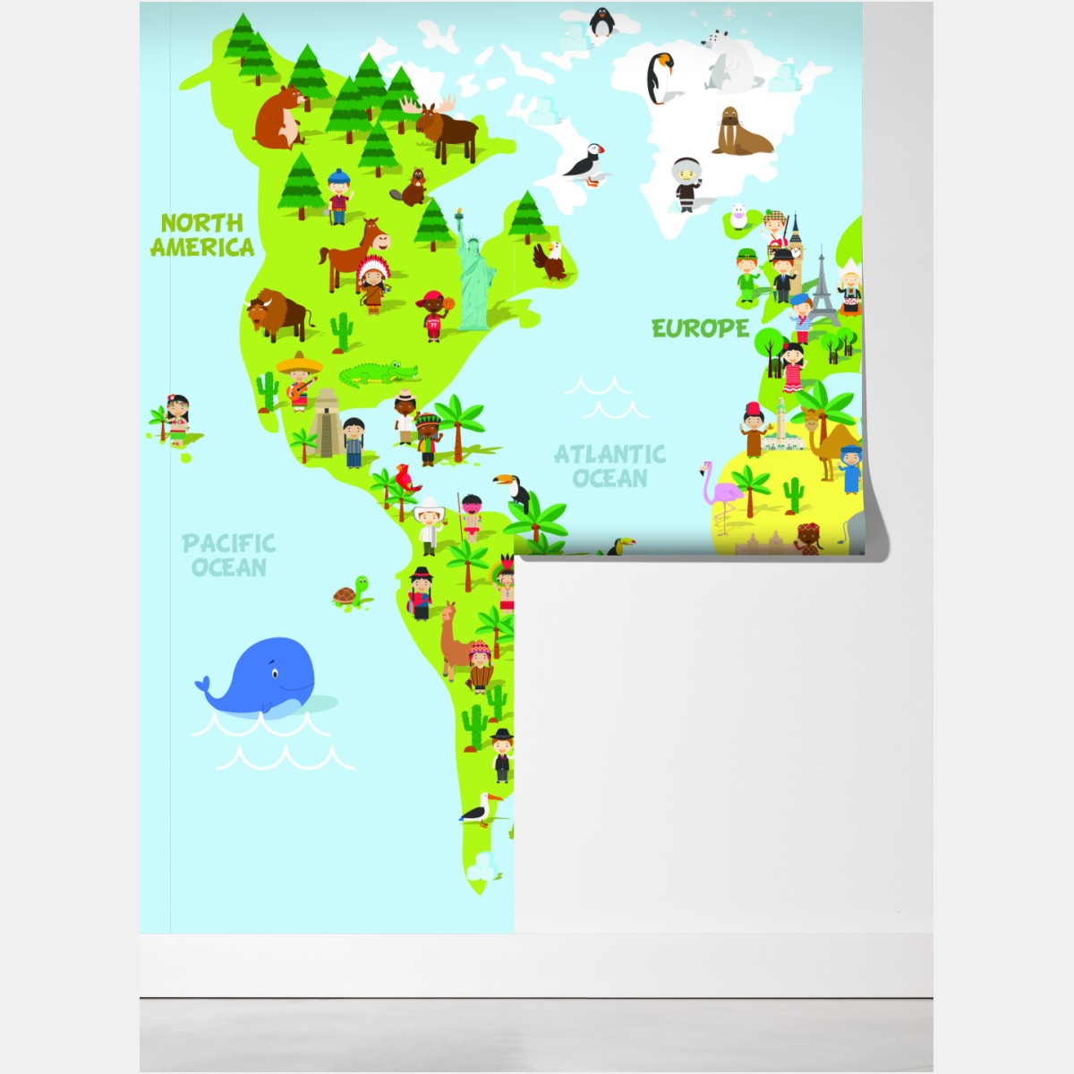 Fototapeta kolorowa mapa świata ze zwierzętami i dziećmi – Wallissimo® Fototapeta kolorowa mapa świata ze zwierzętami i dziećmi – Wallissimo®