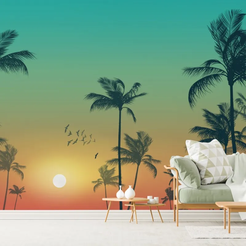 Fototapeta tropikalny zachód słońca z palmami