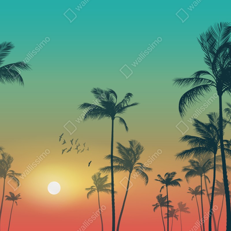 Fototapeta tropikalny zachód słońca z palmami – Wallissimo® Fototapeta tropikalny zachód słońca z palmami – Wallissimo®