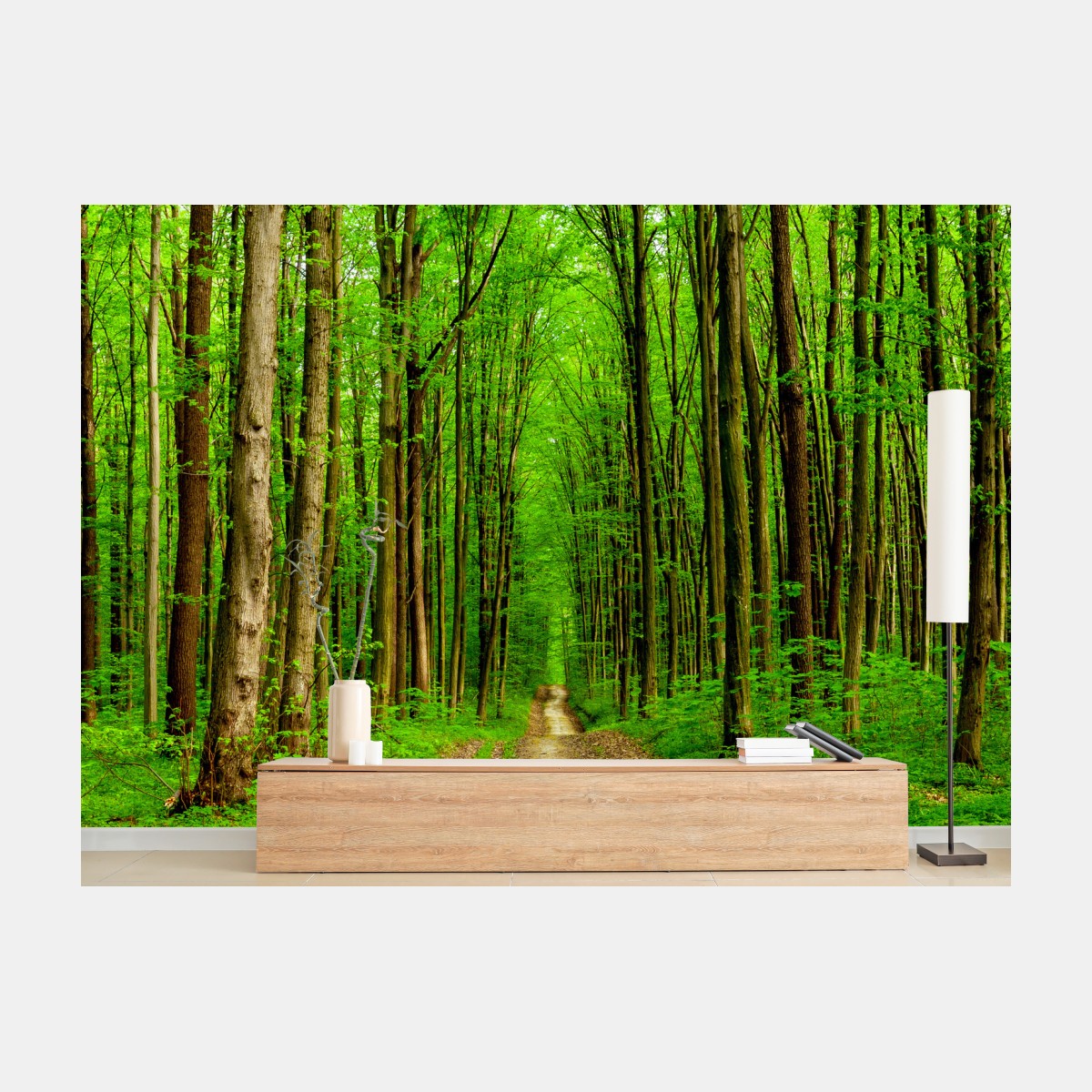 Wall mural green forest pathway in spring