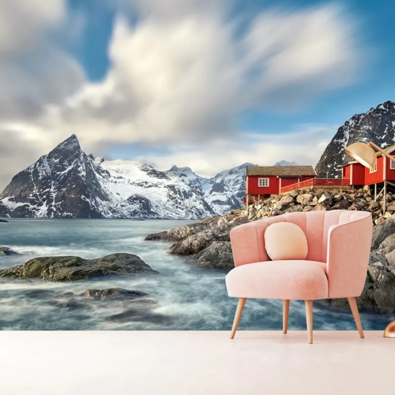 Fototapeta czerwone domki rybackie przy zaśnieżonych górach – Wallissimo® Fototapeta czerwone domki rybackie przy zaśnieżonych górach – Wallissimo®