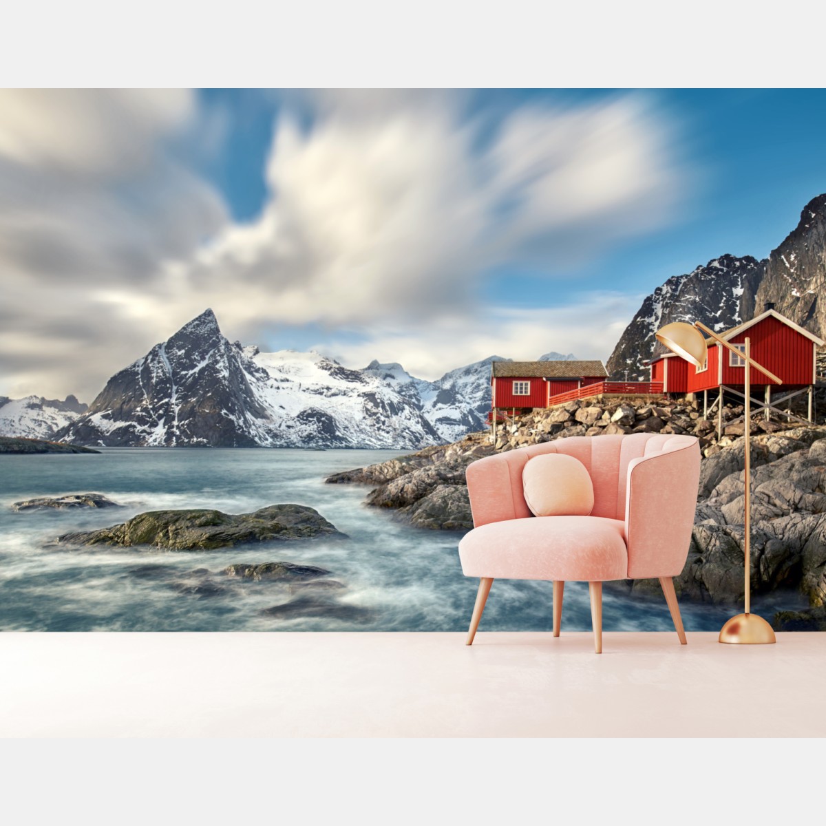 Wall mural red cabins by snowy coastal mountains