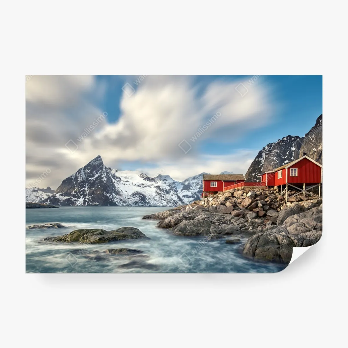 Fototapeta czerwone domki rybackie przy zaśnieżonych górach – Wallissimo® Fototapeta czerwone domki rybackie przy zaśnieżonych górach – Wallissimo®