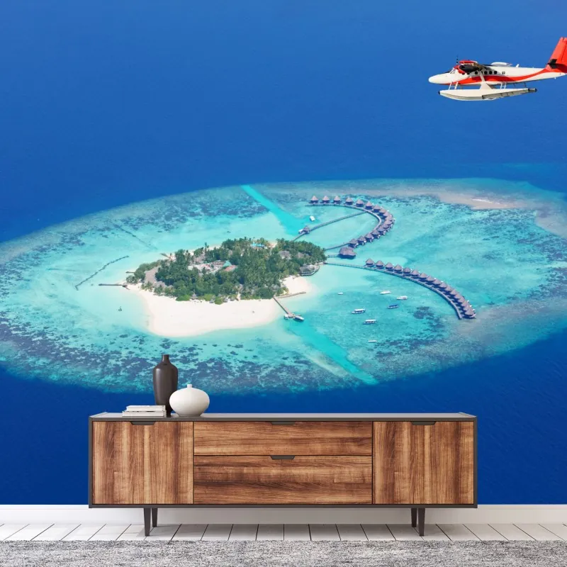 Fototapeta tropikalna wyspa z lotu ptaka i wodnosamolotem