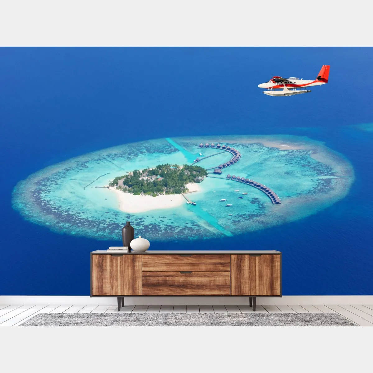 Fototapeta tropikalna wyspa z lotu ptaka i wodnosamolotem – Wallissimo® Fototapeta tropikalna wyspa z lotu ptaka i wodnosamolotem – Wallissimo®