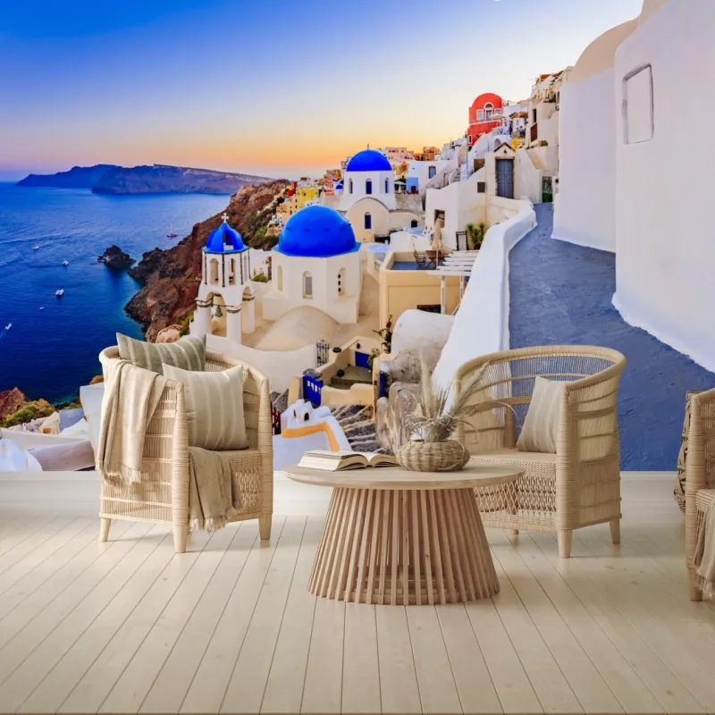 Fototapeta Santorini zachód słońca nad niebieskimi kopułami