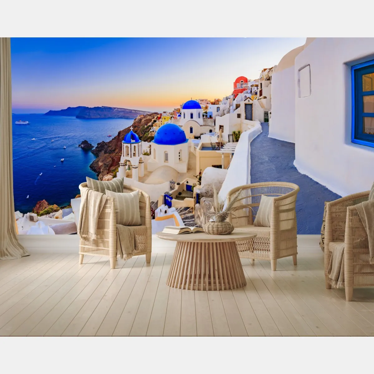 Fototapeta Santorini zachód słońca nad niebieskimi kopułami – Wallissimo® Fototapeta Santorini zachód słońca nad niebieskimi kopułami – Wallissimo®