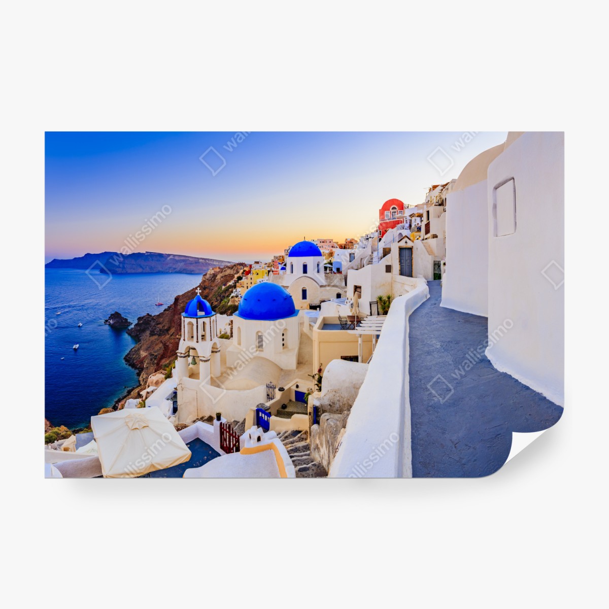 Fototapeta Santorini zachód słońca nad niebieskimi kopułami – Wallissimo® Fototapeta Santorini zachód słońca nad niebieskimi kopułami – Wallissimo®