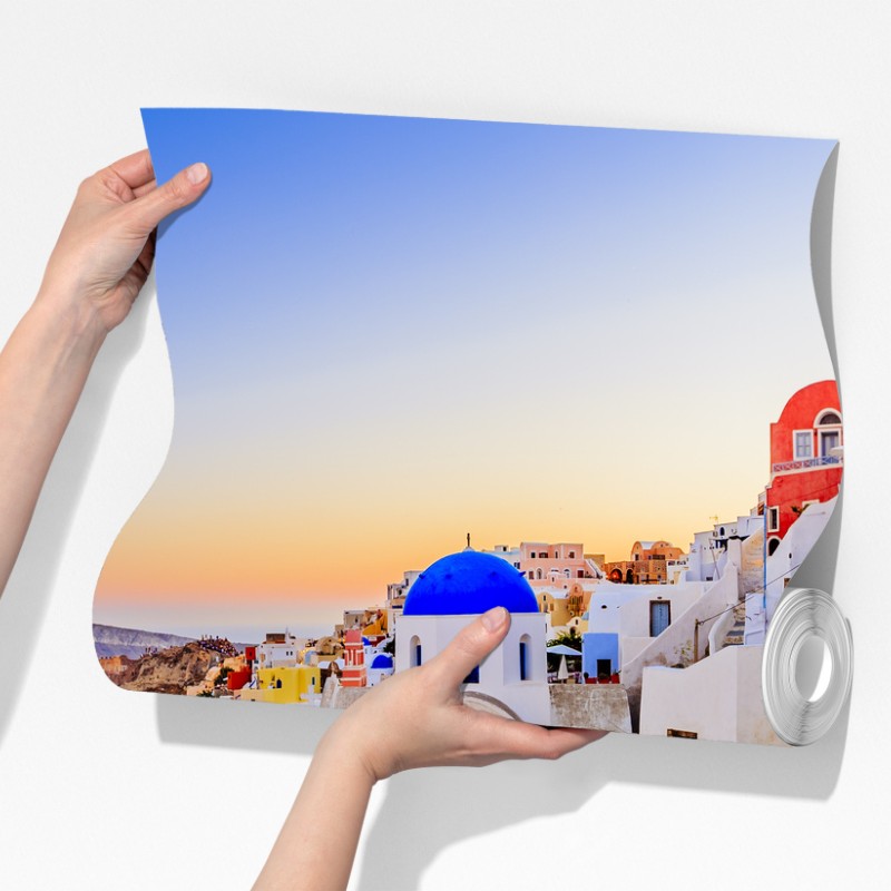 Fototapeta Santorini zachód słońca nad niebieskimi kopułami – Wallissimo® Fototapeta Santorini zachód słońca nad niebieskimi kopułami – Wallissimo®