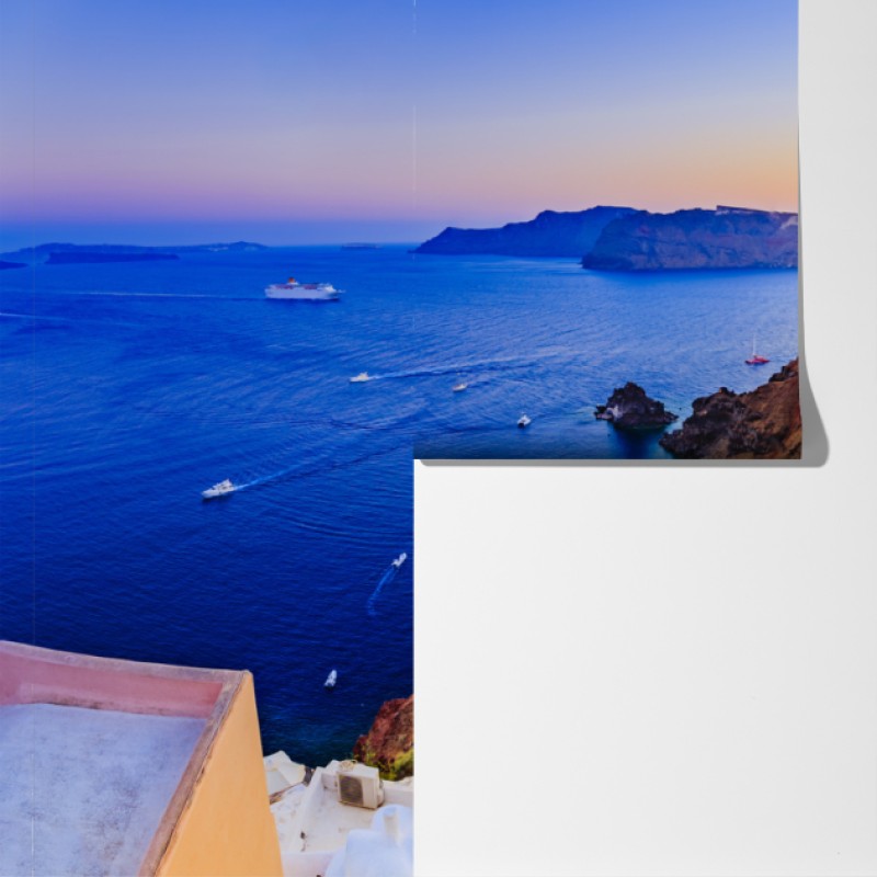 Fototapeta Santorini zachód słońca nad niebieskimi kopułami – Wallissimo® Fototapeta Santorini zachód słońca nad niebieskimi kopułami – Wallissimo®