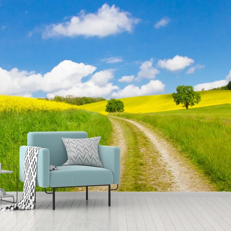 Fototapeta słoneczna wiejska droga przez żółte pola