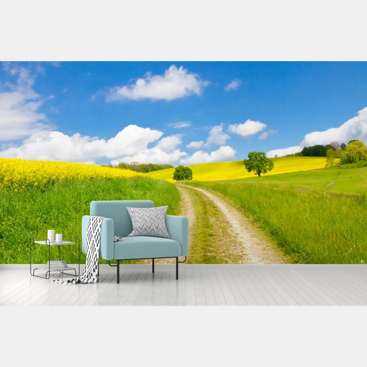 Fototapeta słoneczna wiejska droga przez żółte pola – Wallissimo® Fototapeta słoneczna wiejska droga przez żółte pola – Wallissimo®