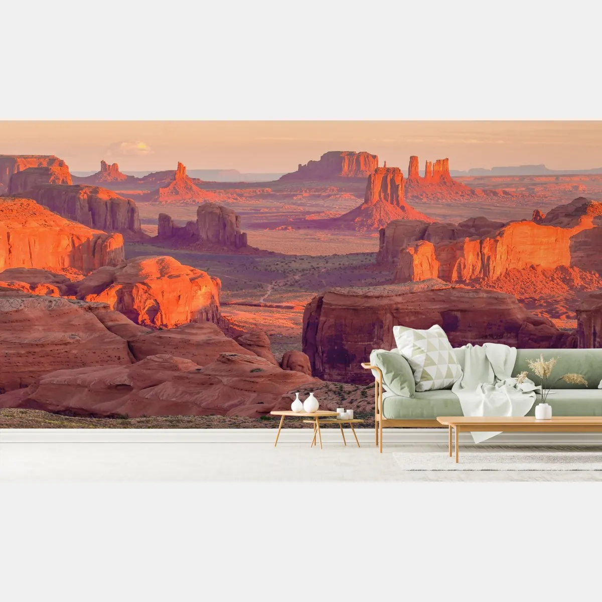 Fototapeta zachód słońca nad Monument Valley z Hunts Mesa – Wallissimo® Fototapeta zachód słońca nad Monument Valley z Hunts Mesa – Wallissimo®