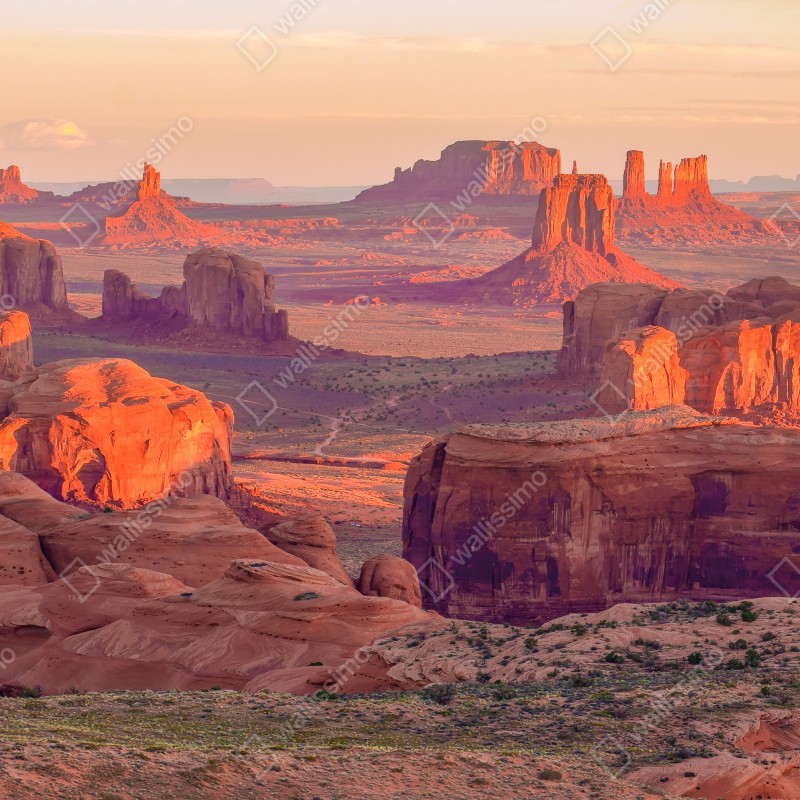 Fototapeta zachód słońca nad Monument Valley z Hunts Mesa – Wallissimo® Fototapeta zachód słońca nad Monument Valley z Hunts Mesa – Wallissimo®