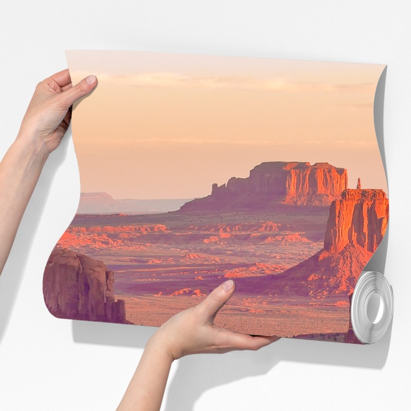 Fototapeta zachód słońca nad Monument Valley z Hunts Mesa – Wallissimo® Fototapeta zachód słońca nad Monument Valley z Hunts Mesa – Wallissimo®