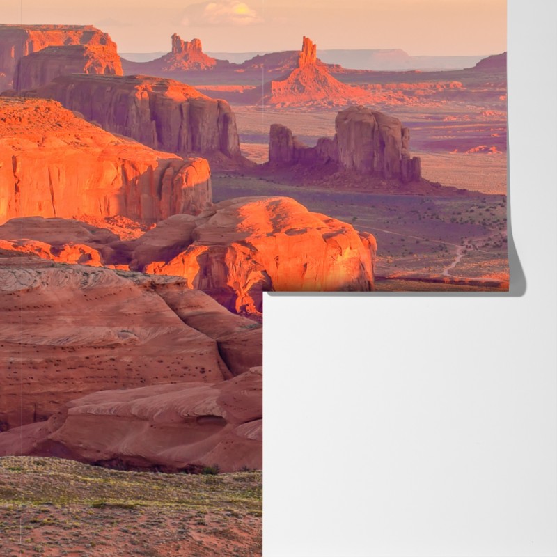 Fototapeta zachód słońca nad Monument Valley z Hunts Mesa – Wallissimo® Fototapeta zachód słońca nad Monument Valley z Hunts Mesa – Wallissimo®