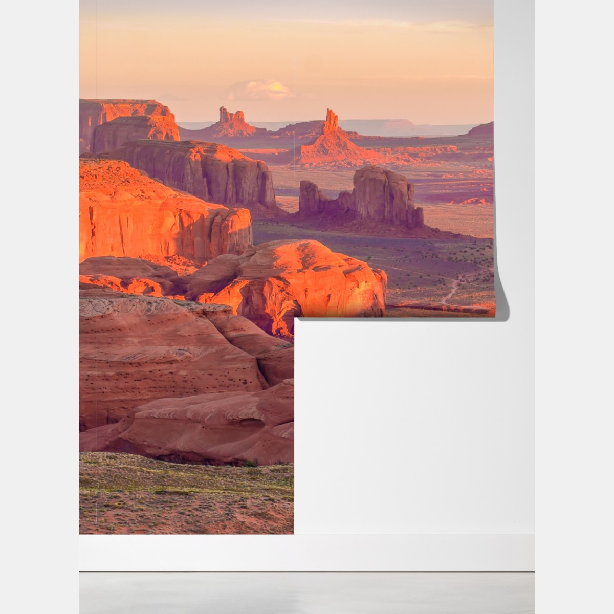 Fototapeta zachód słońca nad Monument Valley z Hunts Mesa – Wallissimo® Fototapeta zachód słońca nad Monument Valley z Hunts Mesa – Wallissimo®