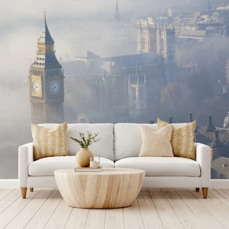 Fototapeta mglisty widok z lotu ptaka na Big Ben i Pałac Westminsterski – Wallissimo® Fototapeta mglisty widok z lotu ptaka na Big Ben i Pałac Westminsterski – Wallissimo®