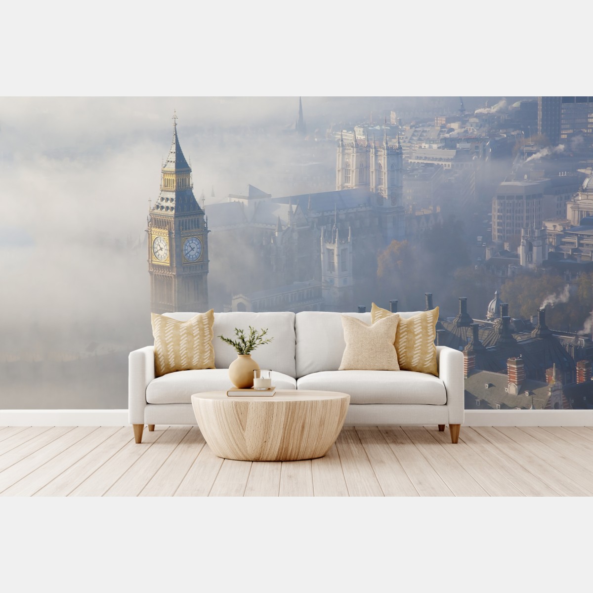 Wall mural foggy aerial view of Big Ben and Palace of Westminster