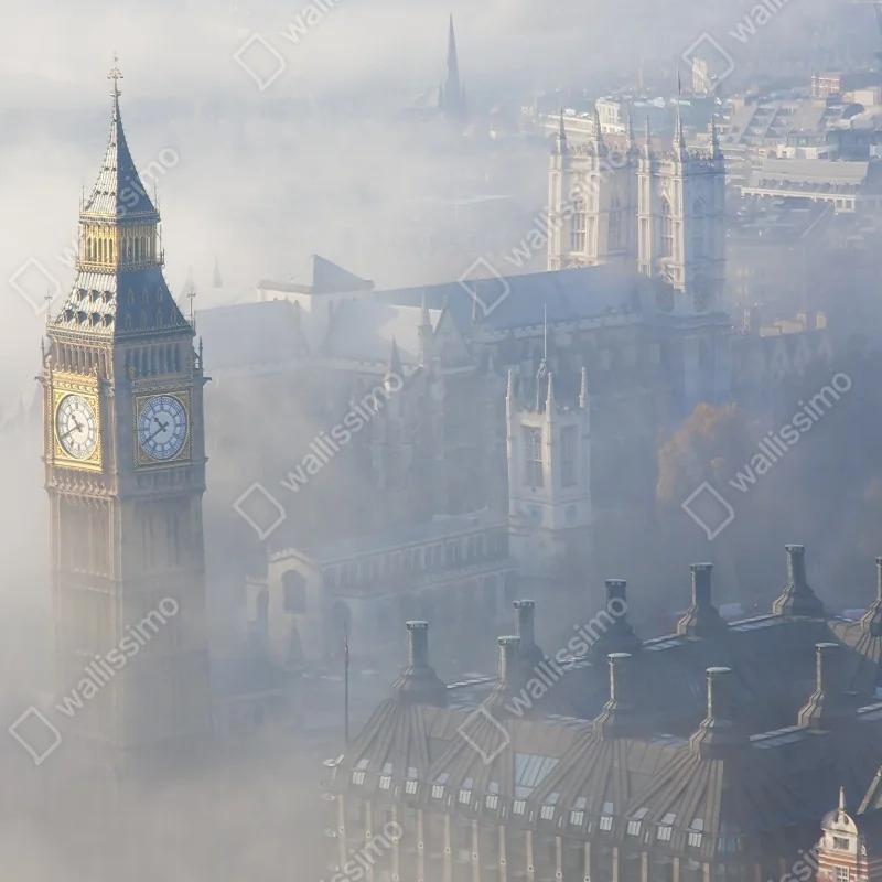 Fototapeta mglisty widok z lotu ptaka na Big Ben i Pałac Westminsterski – Wallissimo® Fototapeta mglisty widok z lotu ptaka na Big Ben i Pałac Westminsterski – Wallissimo®