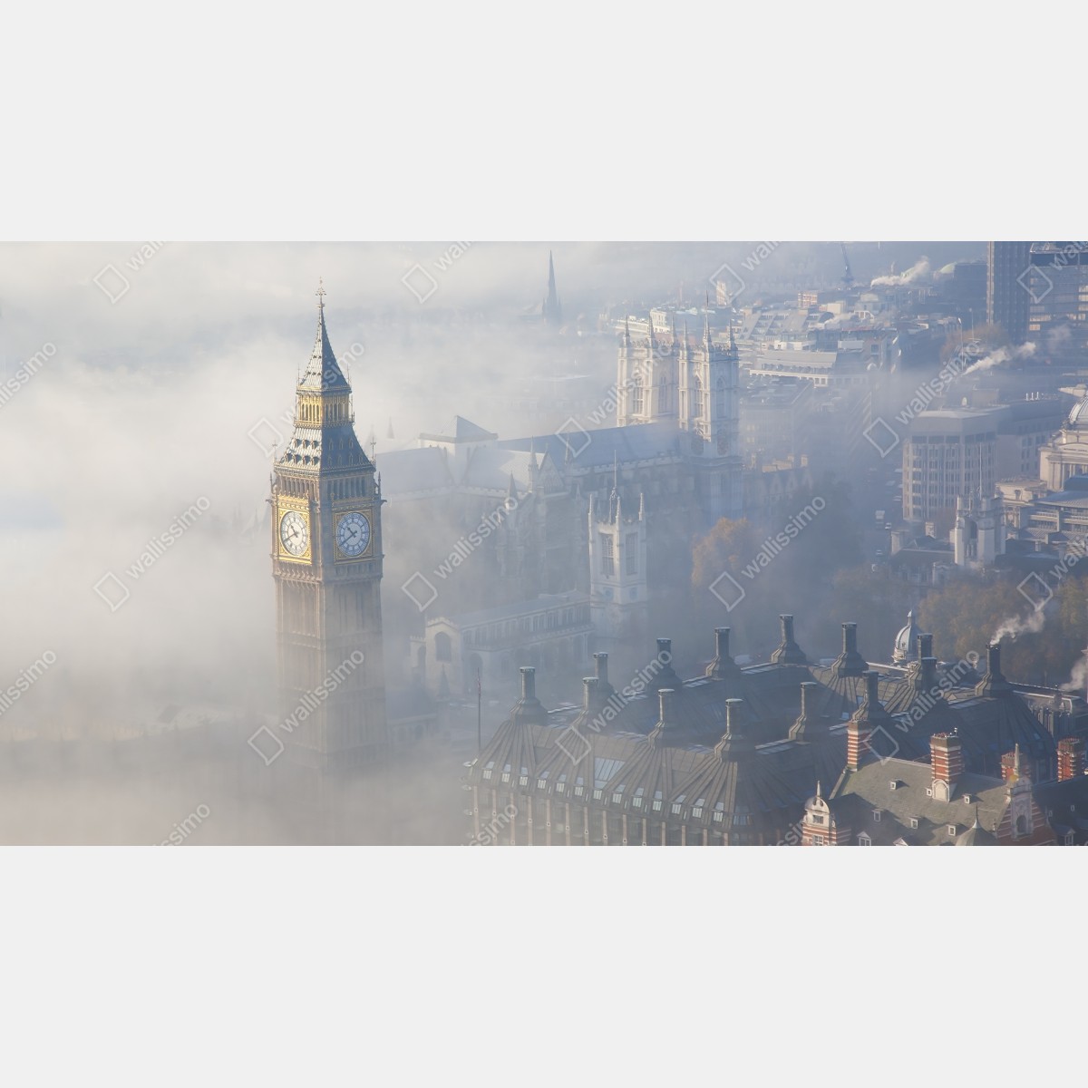 Fototapeta mglisty widok z lotu ptaka na Big Ben i Pałac Westminsterski – Wallissimo® Fototapeta mglisty widok z lotu ptaka na Big Ben i Pałac Westminsterski – Wallissimo®