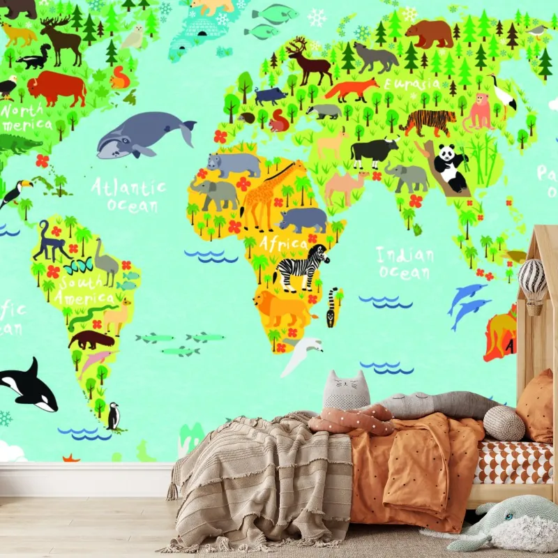 Fototapeta kolorowa mapa świata ze zwierzętami