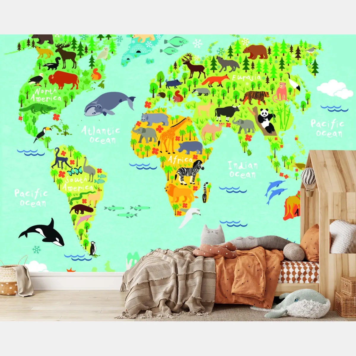 Fototapeta kolorowa mapa świata ze zwierzętami – Wallissimo® Fototapeta kolorowa mapa świata ze zwierzętami – Wallissimo®