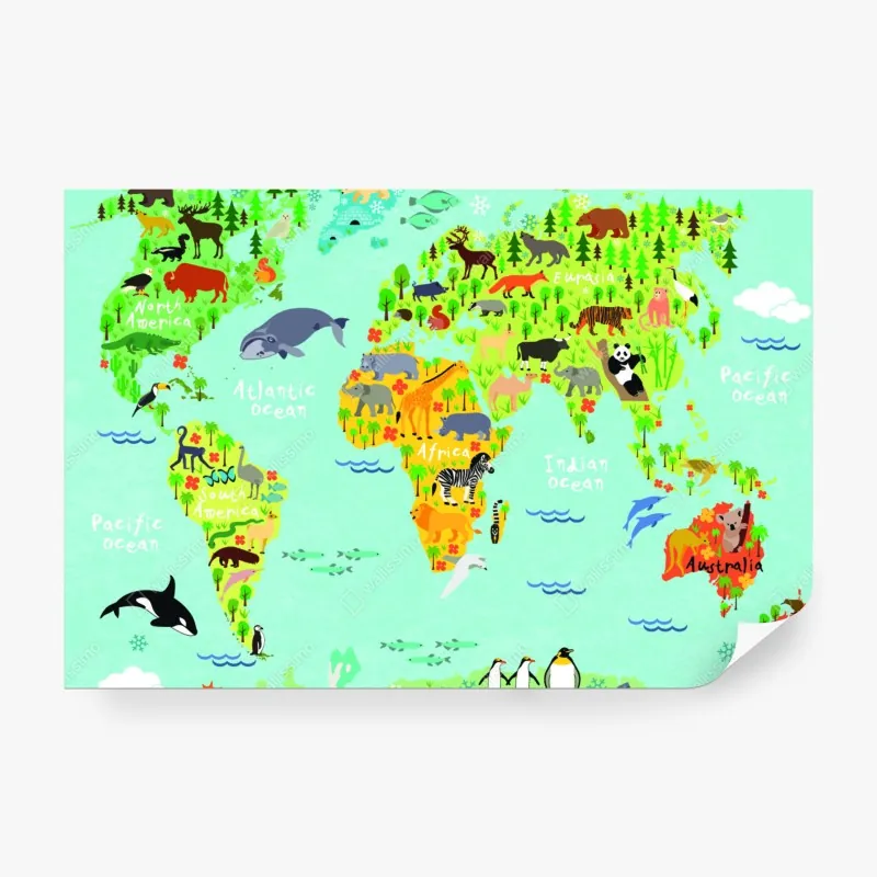 Fototapeta kolorowa mapa świata ze zwierzętami