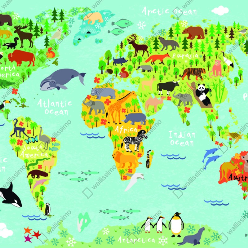Fototapeta kolorowa mapa świata ze zwierzętami – Wallissimo® Fototapeta kolorowa mapa świata ze zwierzętami – Wallissimo®