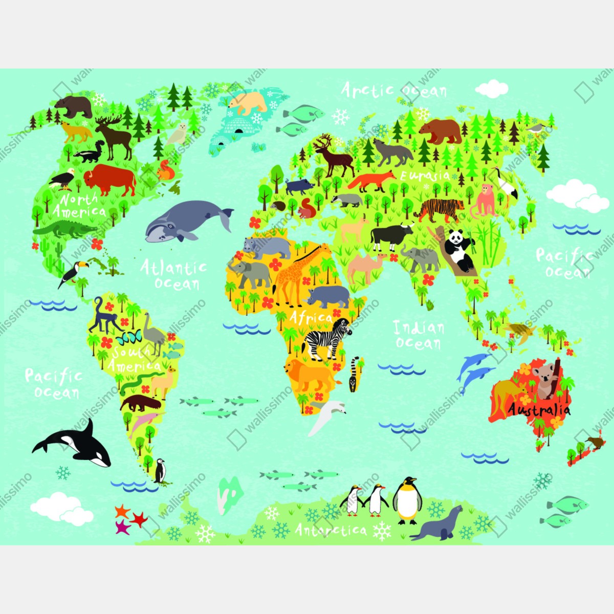 Fototapeta kolorowa mapa świata ze zwierzętami – Wallissimo® Fototapeta kolorowa mapa świata ze zwierzętami – Wallissimo®