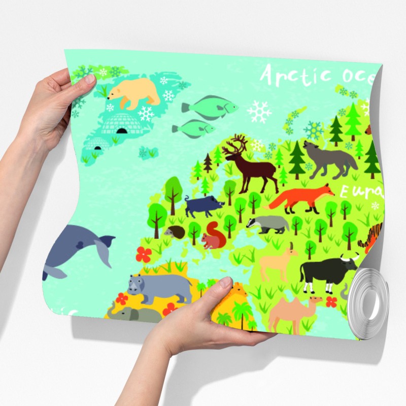 Fototapeta kolorowa mapa świata ze zwierzętami – Wallissimo® Fototapeta kolorowa mapa świata ze zwierzętami – Wallissimo®