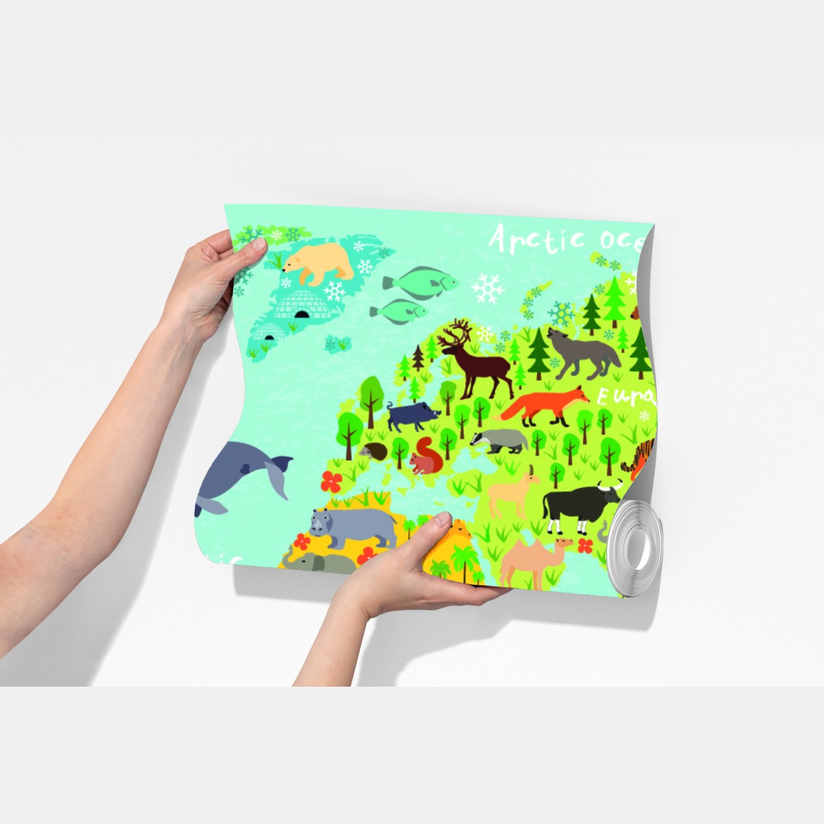 Fototapeta kolorowa mapa świata ze zwierzętami – Wallissimo® Fototapeta kolorowa mapa świata ze zwierzętami – Wallissimo®