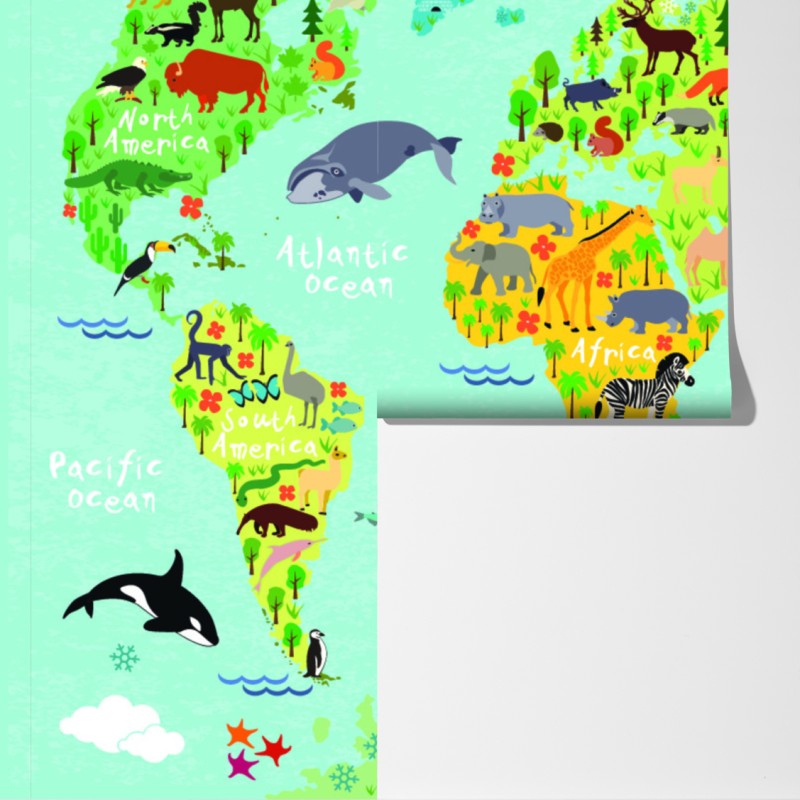 Fototapeta kolorowa mapa świata ze zwierzętami – Wallissimo® Fototapeta kolorowa mapa świata ze zwierzętami – Wallissimo®