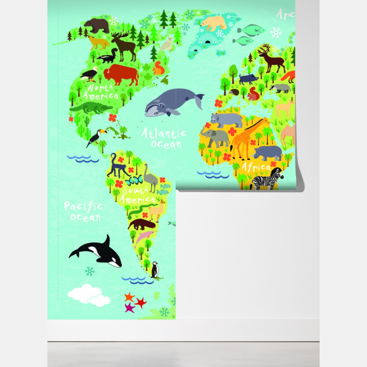 Fototapeta kolorowa mapa świata ze zwierzętami – Wallissimo® Fototapeta kolorowa mapa świata ze zwierzętami – Wallissimo®